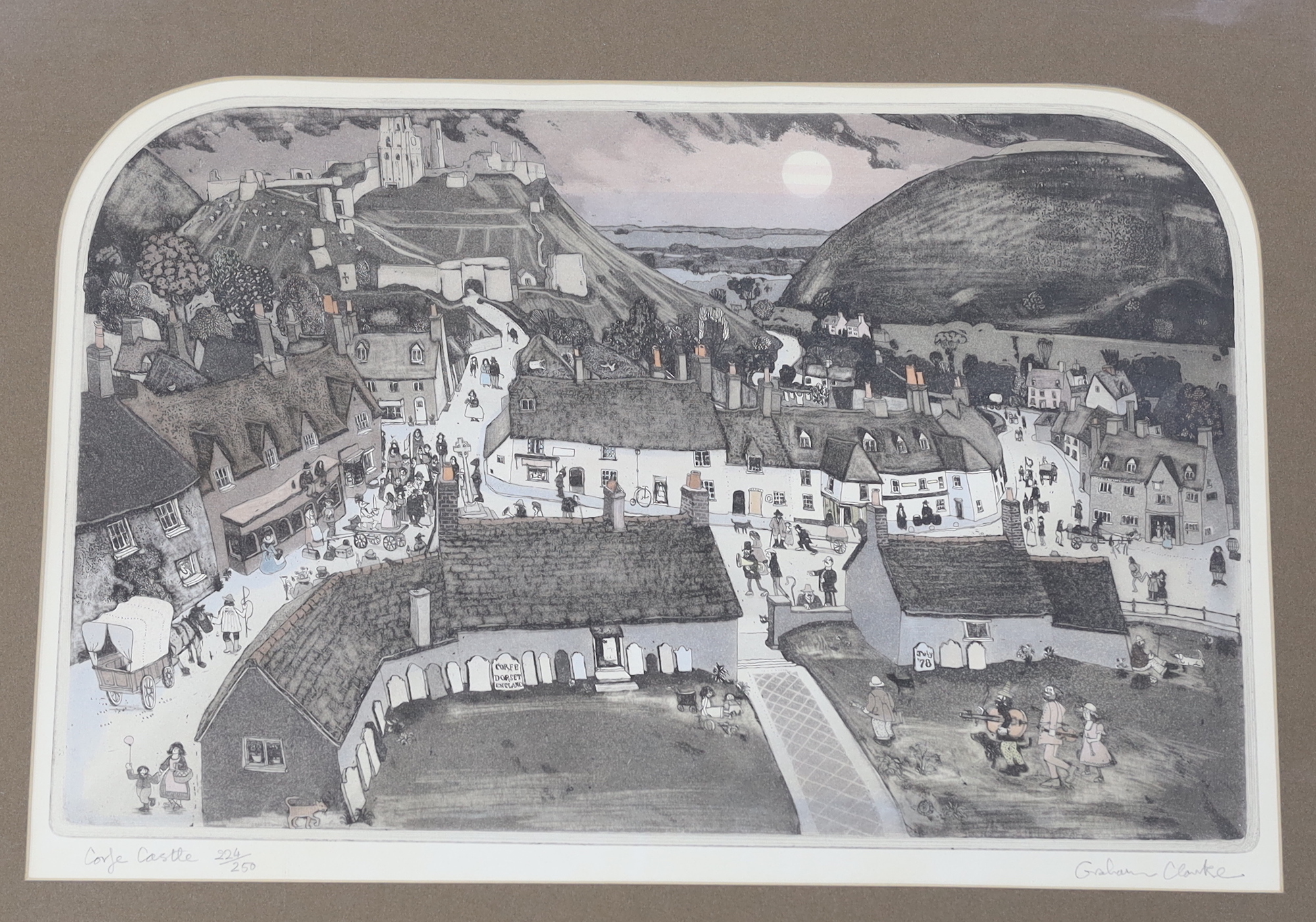 Graham Clarke (b.1941), colour etching, 'Corfe Castle', signed in pencil, limited edition 224/250, 37 x 55cm